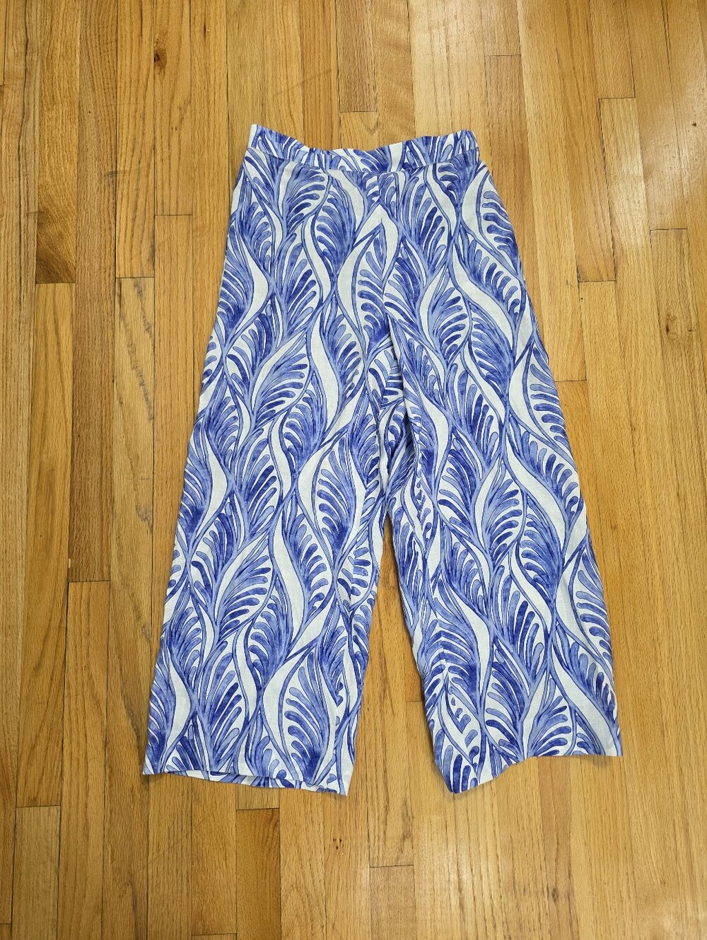 Magaschoni Wide Leg Linen Pants Blue & White Botanical Leaf Motif Sz S Resort
